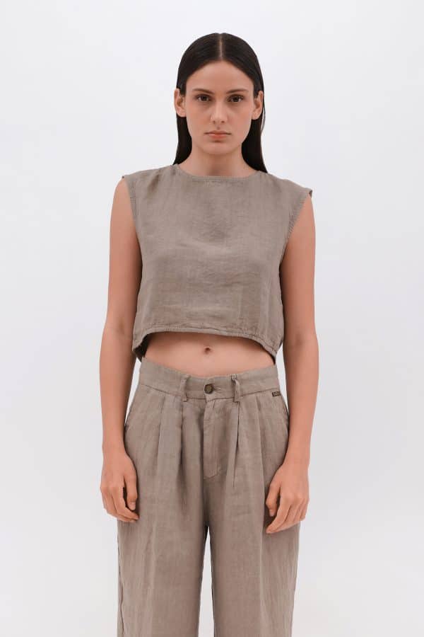 Linen Crop Top Taupe stellarstore.gr Stellar
